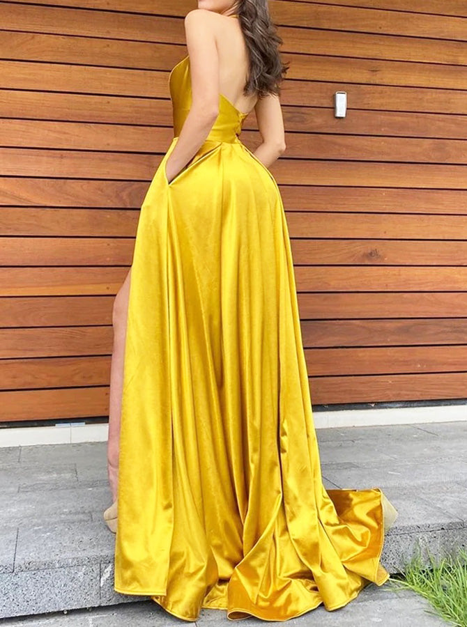 yellow satin prom dress Yellow A-line Satin Prom Dress,Halter Neckline Evening Dress with Slit,PD00597, US4 / Royal Blue