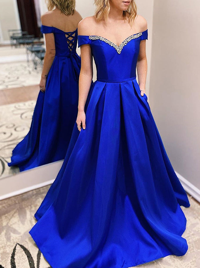 Royal Blue Off the Shoulder Prom Dress,A-line Satin Prom Dress,PD00605, US8 / Burgundy