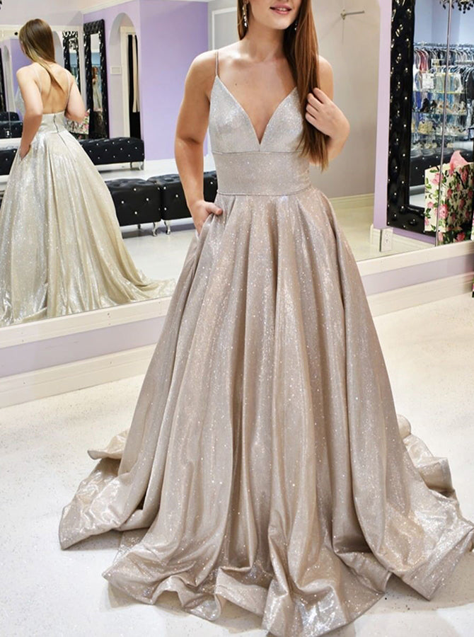 Spaghetti Strap Glitter Dress,A-line Formal Prom Dress with Pockets,PD -  Wishingdress
