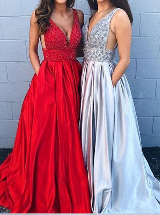 Charming A Line Tulle Lace V Neck Floor Length Prom Dresses, PD0067