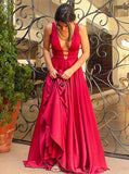 Red Simple Evening Dress,Evening Dress with Train,V-neck Prom Dress PD00080