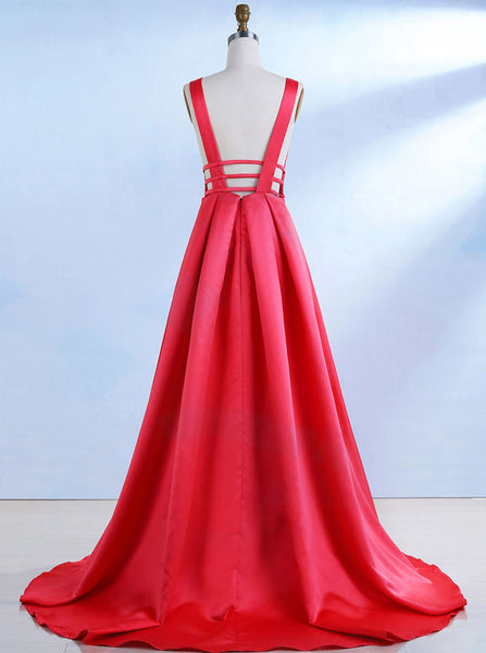 Red Simple Evening Dress,Evening Dress with Train,V-neck Prom Dress PD00080