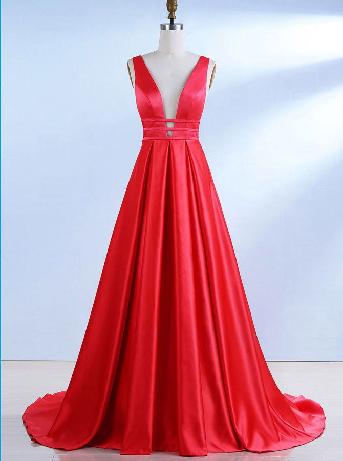 Red Simple Evening Dress,Evening Dress with Train,V-neck Prom Dress PD - Wishingdress Red Simple Evening Dress,Evening Dress with Train,V-neck Prom Dress PD - Wishingdress