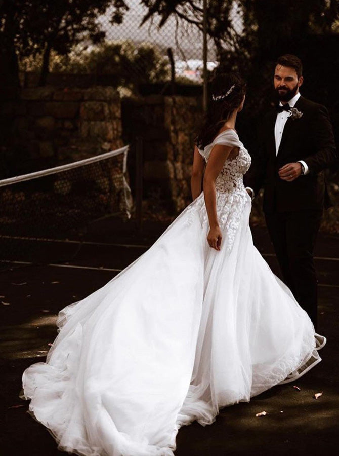 open lace back dress Princess Wedding Dresses,Ivory Wedding Dress,Bridal Dress Off The Shoulder,WD00075, US14 / White