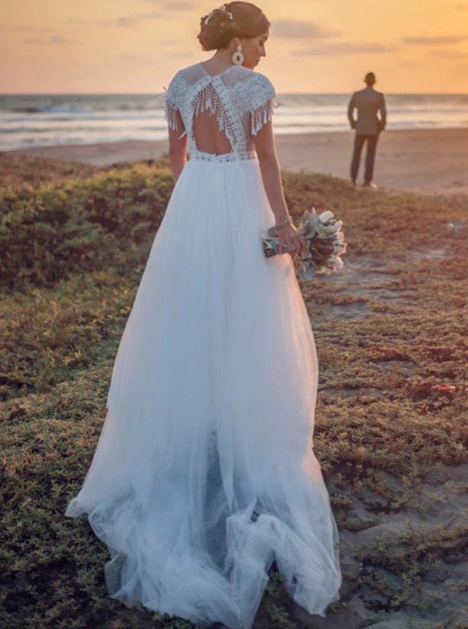 Boho Wedding Dress,Destination Cutout Back Bridal Dress,WD00663, US12 / White