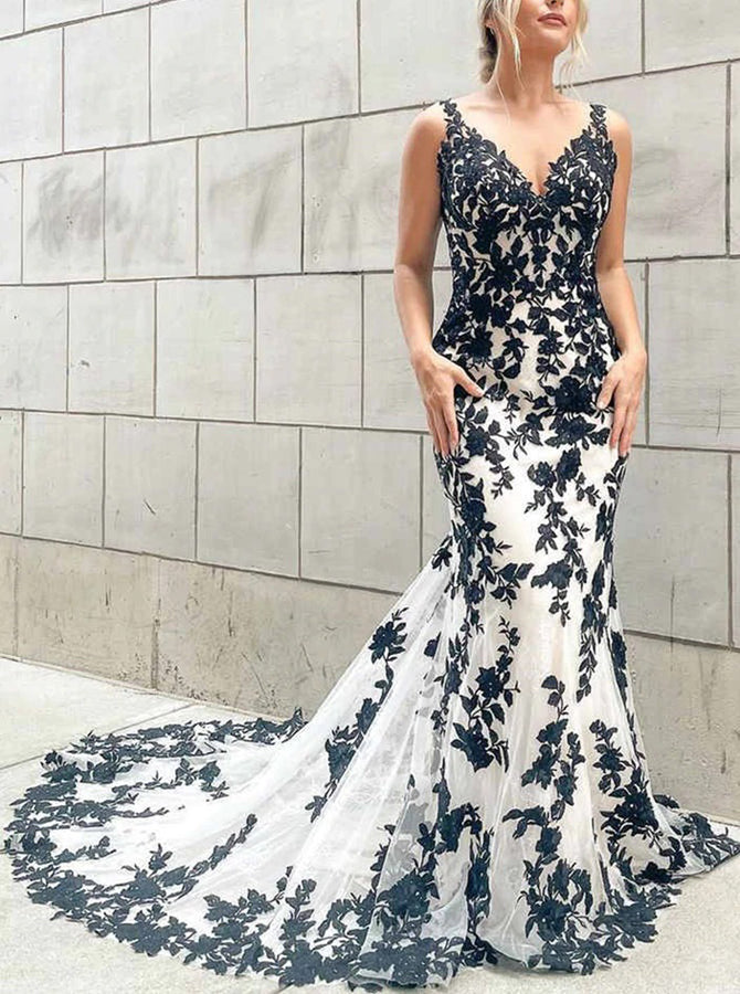 Mermaid Black Lace Wedding Dress,V-neck Bridal Gown,WD00664, US12 / Black Mermaid Black Lace Wedding Dress,V-neck Bridal Gown,WD00664, US12 / Black