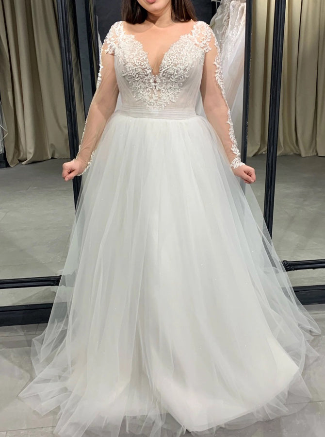 plunging neckline long sleeve wedding dress Plus Size Plunging Neckline Bridal Dress,Long Sleeve Tulle Wedding Dress,WD00671, US6 / Ivory