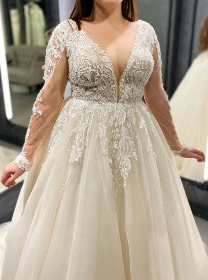 long sleeve lace wedding dress plus size Plus Size Long Sleeves Wedding Dress,Gorgeous Lace Up Back Bridal Dress,WD00672, US22W / Champagne