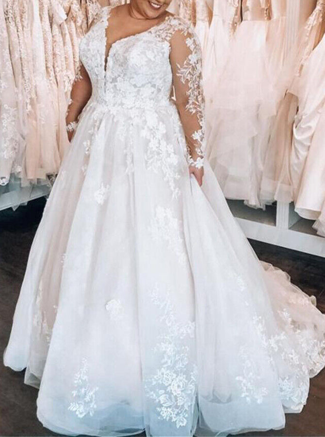 Romantic Plus Size Wedding Dress with Floral Lace Appliques,Long Sleeves Tulle Wedding Gown,WD00675