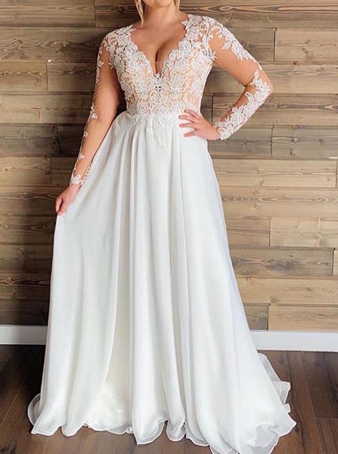 Plus Size Chiffon Wedding Dress,Illusion Long Sleeves Bridal Dress,WD00676, US16W / Ivory