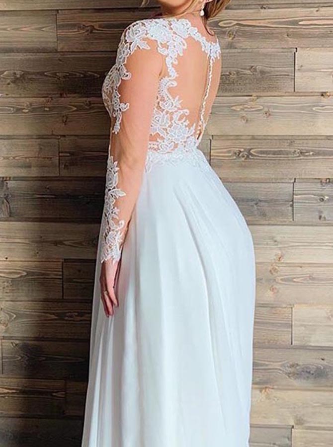 Plus Size Chiffon Wedding Dress,Illusion Long Sleeves Bridal Dress,WD00676, US16W / Ivory