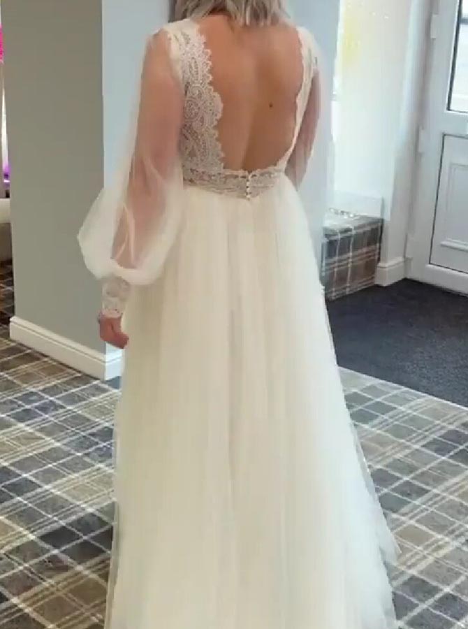 Plus Size Long Sleeve Wedding Dress,Boho Low Back Bridal Dress,WD00677, US8 / Black