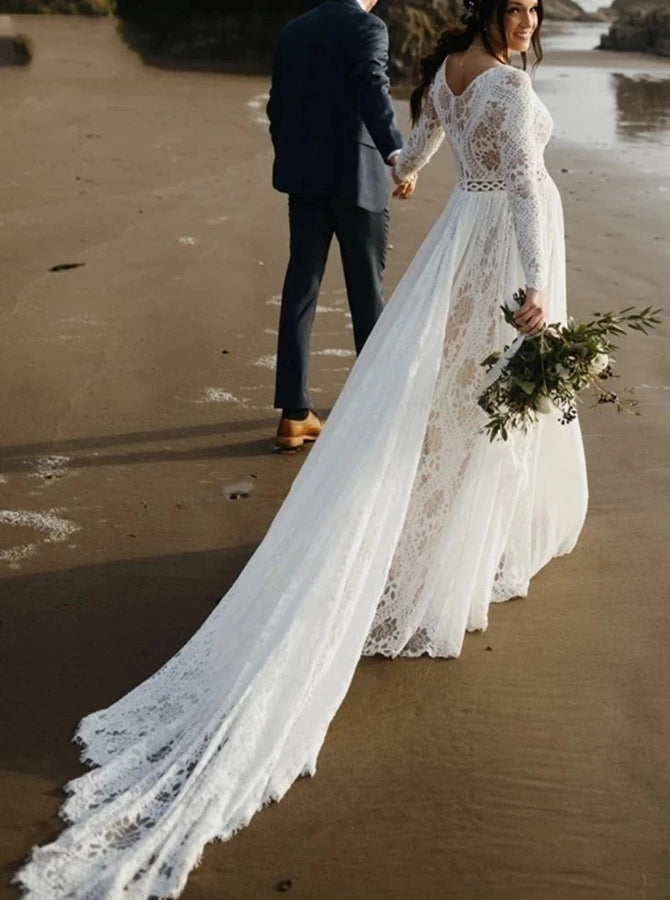 Boho Plus Size Wedding Dress,Beach Lace Chiffon Bridal Dress