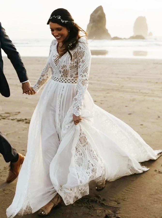 Boho Plus Size Wedding Dress,Beach Lace Chiffon Bridal Dress,WD00689