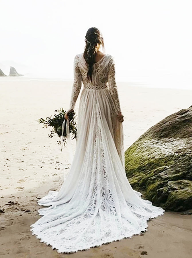 Boho Plus Size Wedding Dress,Beach Lace Chiffon Bridal Dress