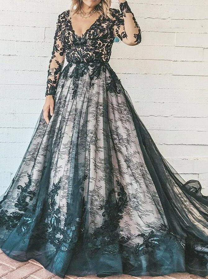 Black Plus Size Wedding Dress,Lace Long Sleeves Bridal Gown,WD00691, US14 / Champagne