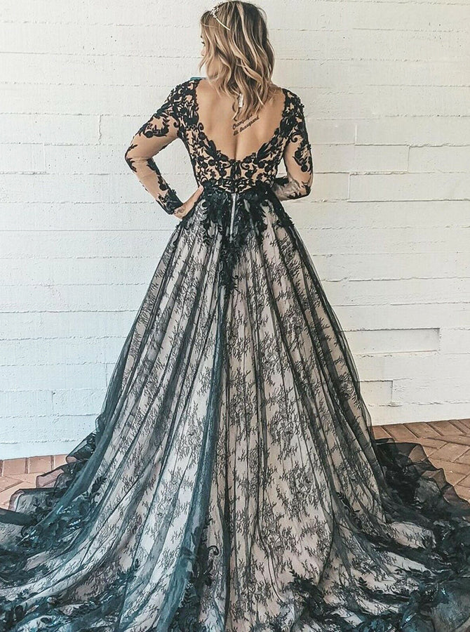 Black Plus Size Wedding Dress,Lace Long Sleeves Bridal Gown