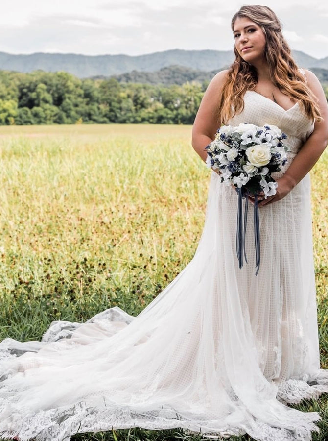 Plus Size Fit and Flare Wedding Dress,Cage Skirt V-Neck Wedding Dress,WD00695, US8 / Ivory