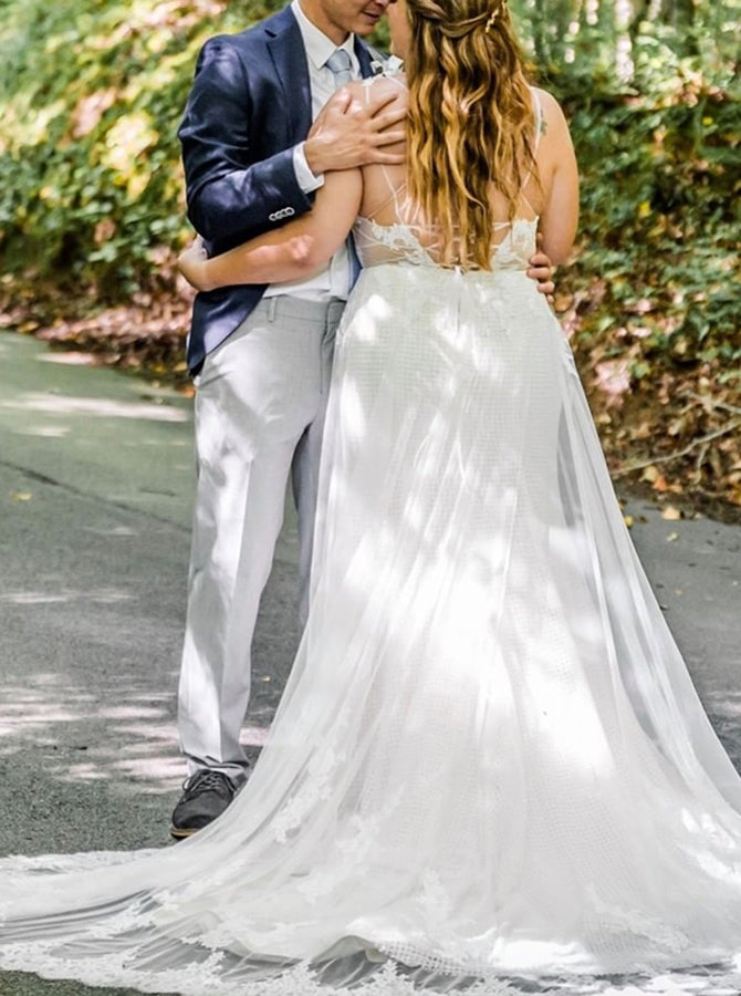 Plus Size Fit and Flare Wedding Dress,Cage Skirt V-Neck Wedding Dress,WD00695, US8 / Ivory