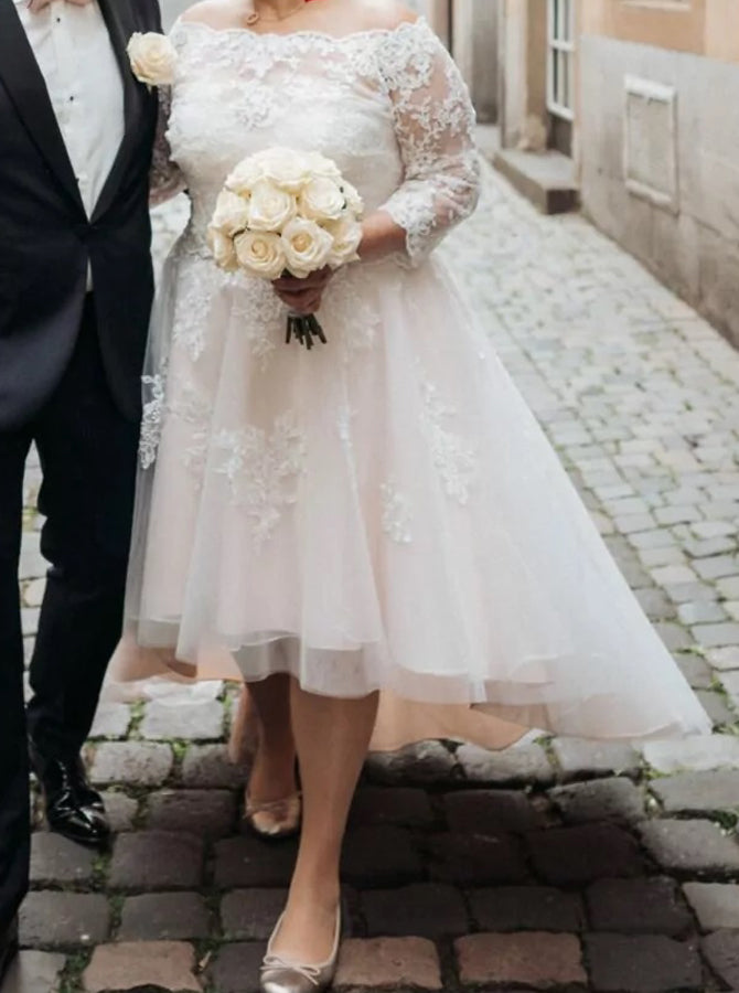 High Low Plus Size Wedding Dress,Off the Shoulder Bridal Dress with 3/