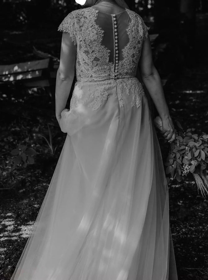 Plus Size Illusion Back Bridal Dress,Cap Sleeve Wedding Gown,WD00704, US14 / Ivory