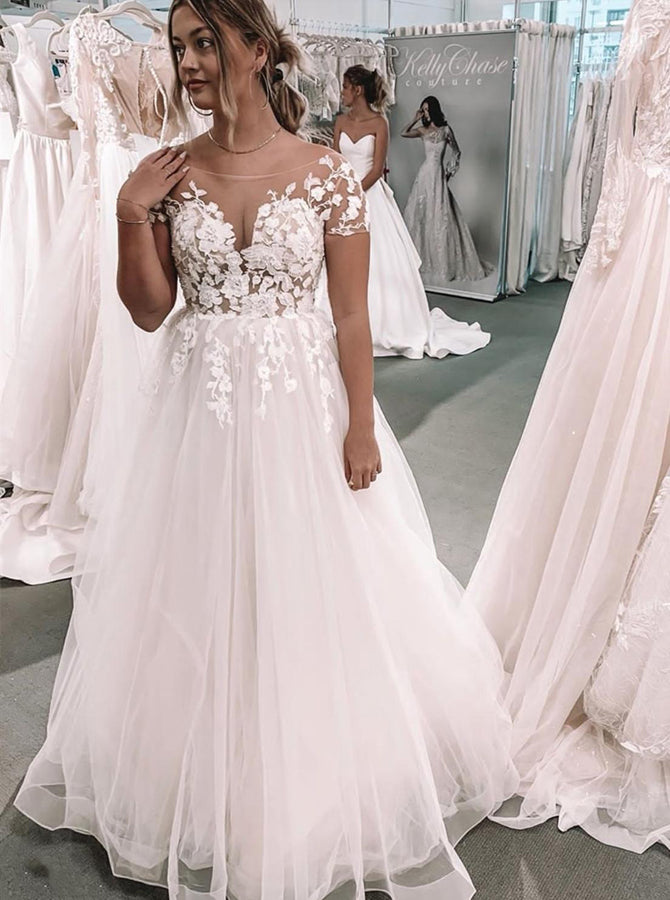 bateau neckline a line wedding dress Zapakasa Women Ivory Chiffon Floor-Length Wedding Dress with Lace A Line  Illusion Boat Neck Bridal Dress with Sleeves main image 0