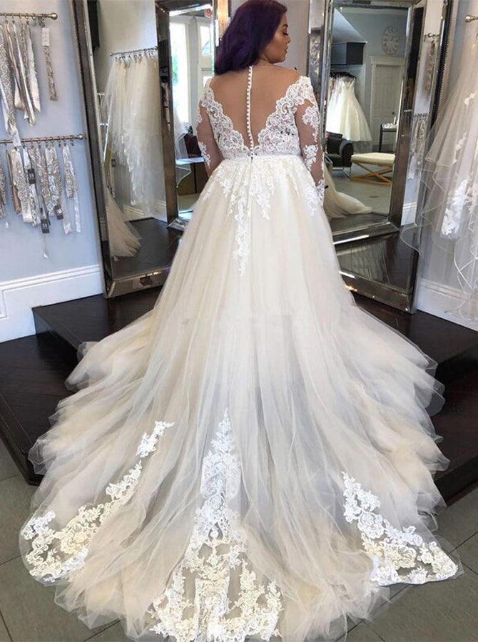 Illusion Back Long Sleeve Lace Illusion Wedding Dress Long Sleeve