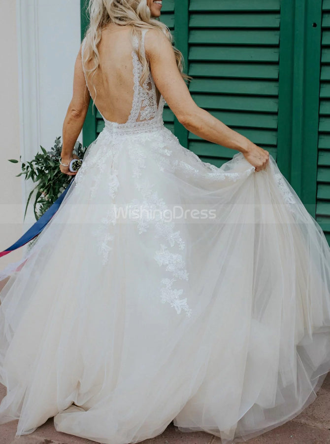 A-Line Wedding Dress,Open Back Boho Wedding Dress,WD00740, US12 / White