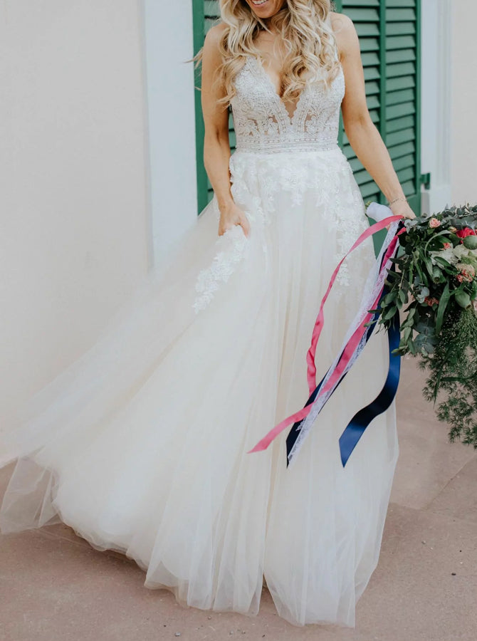 A-Line Wedding Dress,Open Back Boho Wedding Dress,WD00740, US12 / White