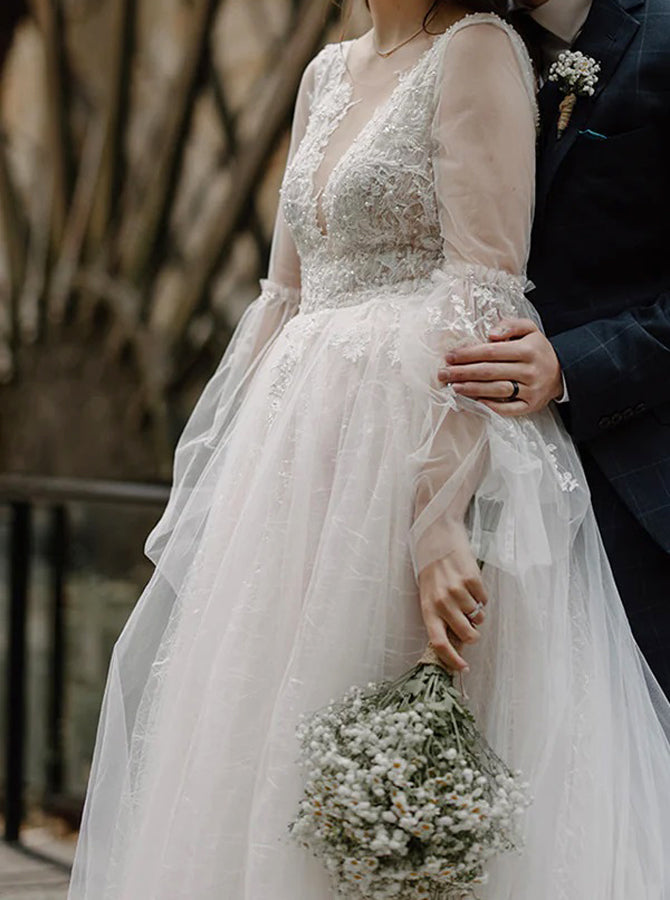 elegant wedding dresses with sleeves Flounce Sleeves Wedding Dress,Elegant Bridal Dress,WD00743, US6 / Ivory