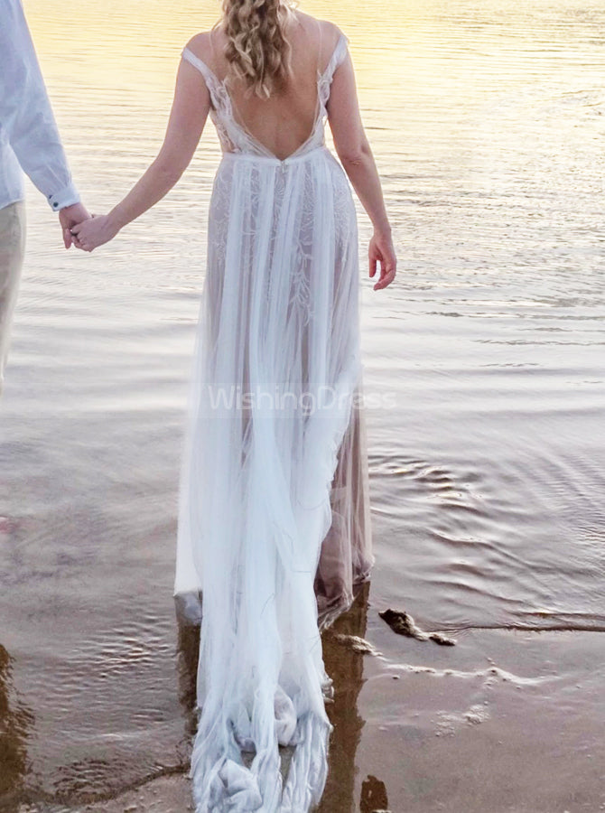 illusion beach wedding dress Illusion Lace Long Sleeve V-neck Chiffon A-line Beach Wedding Dresses, –  AlineBridal main image 0