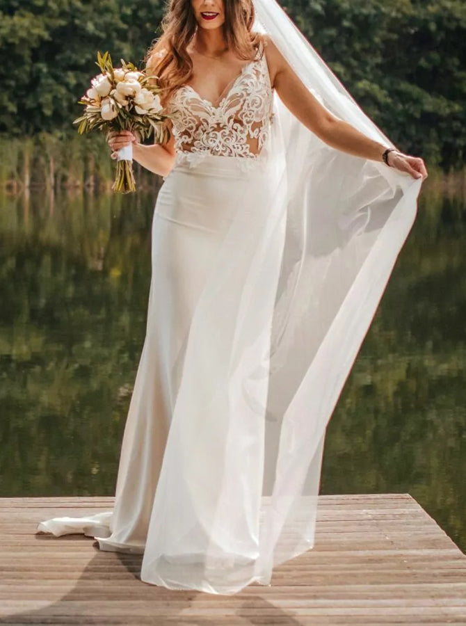 Illusion Lace Bodice Wedding Dress,Fit and Flare Wedding Gown,WD00747, US14 / Champagne Illusion Lace Bodice Wedding Dress,Fit and Flare Wedding Gown,WD00747, US14 / Champagne