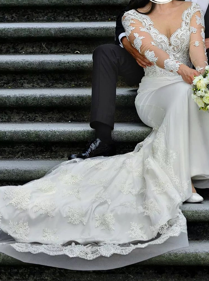 Fit and Flare Wedding Dress,Lace Train Sheer Sleeves Bridal Gown,WD00750, US2 / Champagne Fit and Flare Wedding Dress,Lace Train Sheer Sleeves Bridal Gown,WD00750, US2 / Champagne