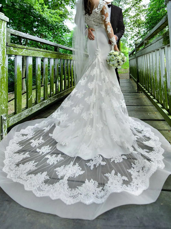 Fit and Flare Wedding Dress,Lace Train Sheer Sleeves Bridal Gown,WD00750, US2 / Champagne Fit and Flare Wedding Dress,Lace Train Sheer Sleeves Bridal Gown,WD00750, US2 / Champagne