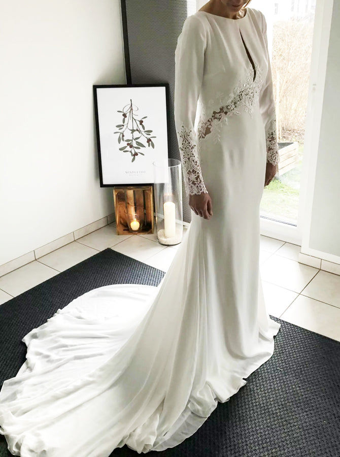 long sleeve crepe wedding dress Modest Wedding Dress with Long Sleeves,Crepe Bridal Dress with Lace Appliques,WD00753, US10 / Ivory