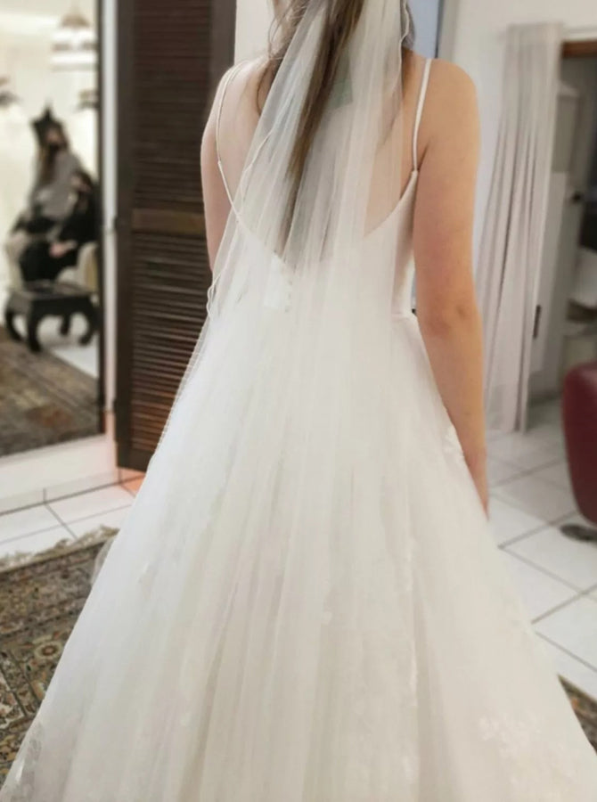 A-line Bridal Dress with Satin Bodice,Spaghetti Strap Wedding Gown,WD0 -  Wishingdress