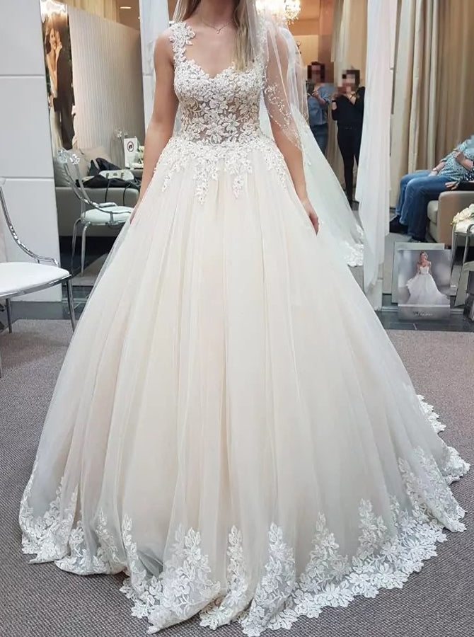 See Through Back Bridal Gown,Princess Bridal Dress,WD00756, US24W / Champagne