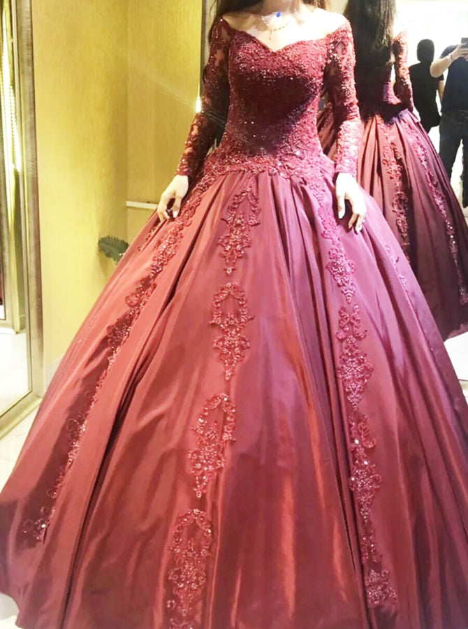 Off-The-Shoulder Wedding Gown,Burgundy Long Sleeve Bridal Dress,WD00757, US8 / Champagne Off-The-Shoulder Wedding Gown,Burgundy Long Sleeve Bridal Dress,WD00757, US8 / Champagne
