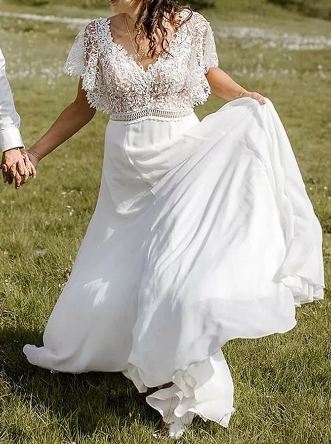 Boho Chiffon Wedding Dress,Destination Bridal Dress,WD00761, US14W / Ivory