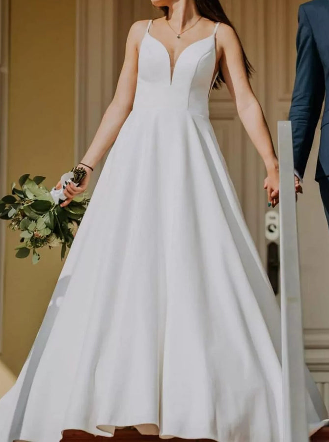 A-line Crepe Bridal Dress,Spaghetti Straps Wedding Gown,WD00764