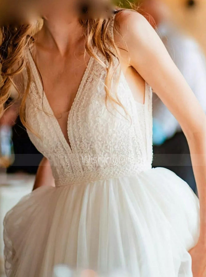 A-line Tulle Bridal Dress, Plunging Neck Wedding Dress,WD00766 -  Wishingdress