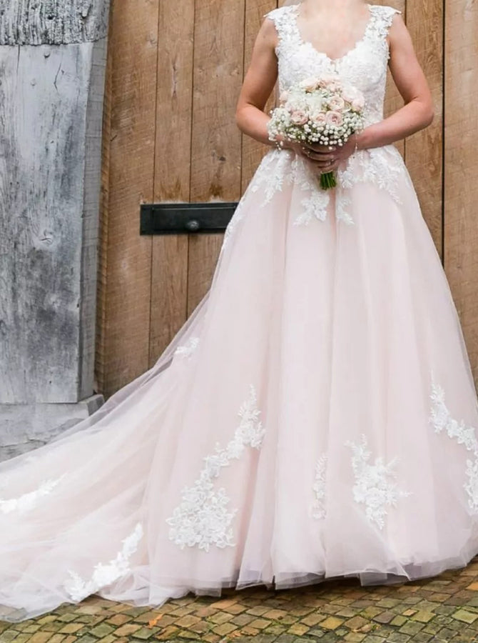 Blushing Pink Floral Wedding Gown,Romantic Tulle Wedding Dress,WD00769, US8 / Black
