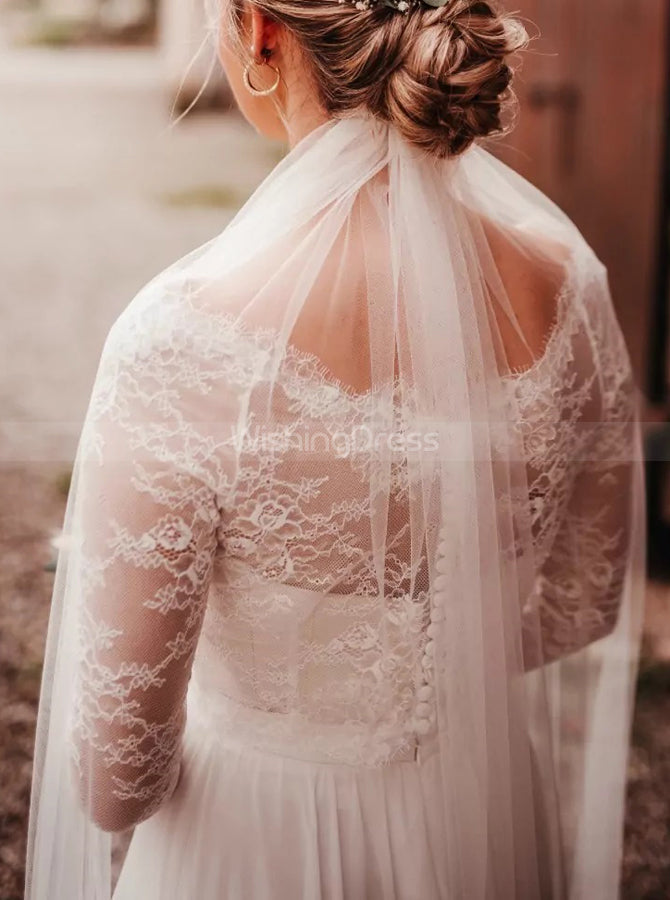 Casual Chiffon Wedding Dress with Sleeves,Destination Dress for Engagement Photo Shoot,WD00774, US2 / Champagne
