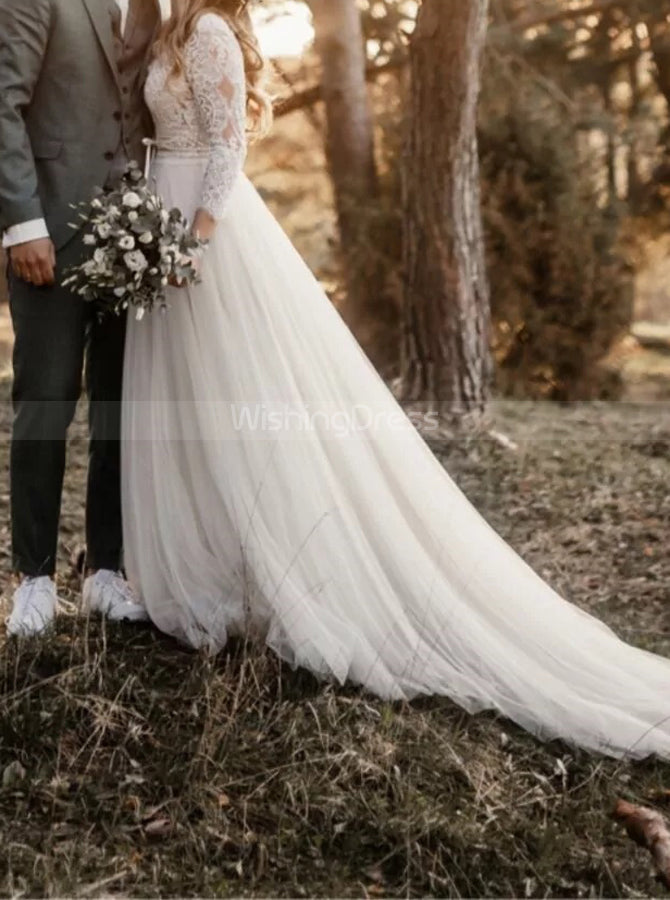 Outdoor Bridal Dress with Illusion Sleeves,Tulle Dress for Engagement Photo Shoot,WD00780, US12 / Champagne