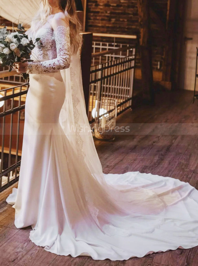green emerald velvet dress A Line Illusion Neckline Lace Long Sleeves Boho Beach Wedding Dress QW2122 US6 / Custom Color