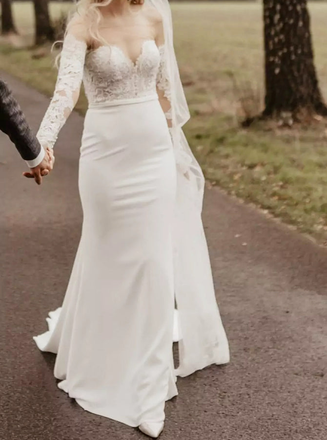 Fit and Flare Bridal Dress,Illusion Neckline Wedding Dress with Long Sleeves,WD00781, US16 / White Fit and Flare Bridal Dress,Illusion Neckline Wedding Dress with Long Sleeves,WD00781, US16 / White