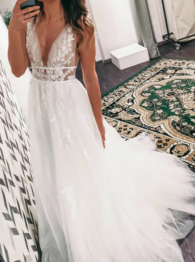 A-line Boho Bridal Dress,Plunging Neckline Bridal Dress,WD00783