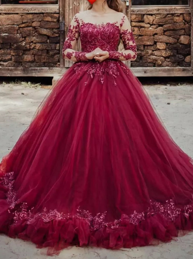 Burgundy Ball Gown Dress,Illusion Long Sleeves Dress for Wedding Photo  Shoot,WD00785
