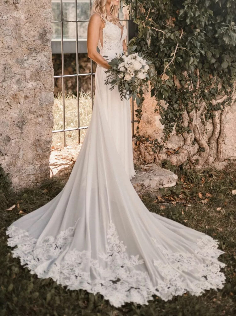 victorian lace wedding dresses Lace and Tulle A-Line Wedding Dress with Corset and Floral Train Moire –  Wedding Roof main image 1