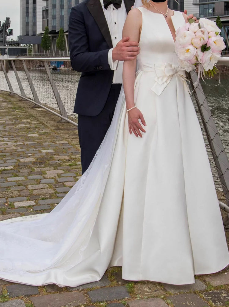 A-line Satin Wedding Dress with Pockets,Plunging Neckline Bridal Dress -  Wishingdress